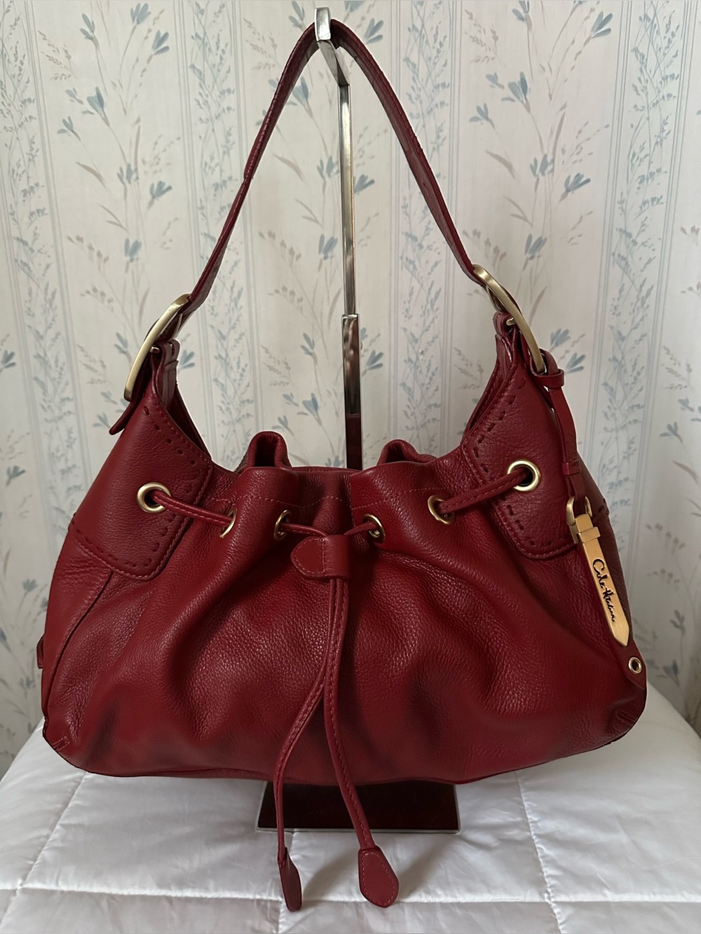 Cole Haan Red Leather Drawstring Hobo